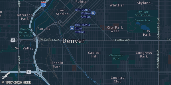 Map of Denver, CO. The exact address of National Western Livestock Center is not known, so the map shows the area rather than a specific building.