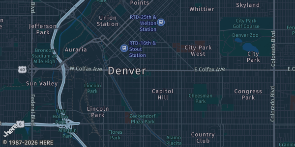 Map of Denver, CO. The exact address of National Western Livestock Center is not known, so the map shows the area rather than a specific building.