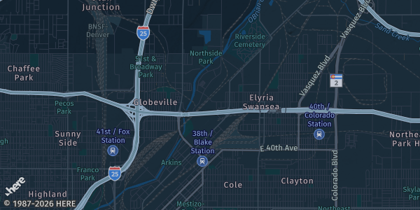Map of Denver, CO. The exact address of National Western Complex is not known, so the map shows the area rather than a specific building.
