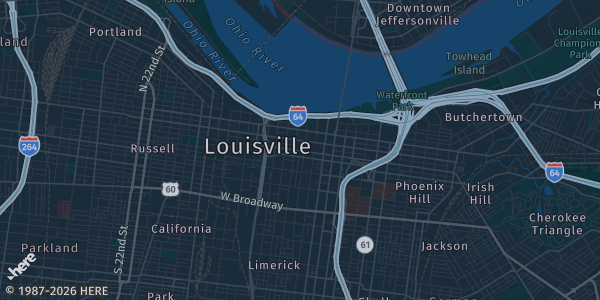 Map of Louisville, KY. The exact address of Kentucky Exposition Center — South Wing C is not known, so the map shows the area rather than a specific building.