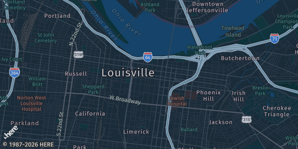 Map of Louisville, KY. The exact address of Kentucky Exposition Center — South Wing C is not known, so the map shows the area rather than a specific building.