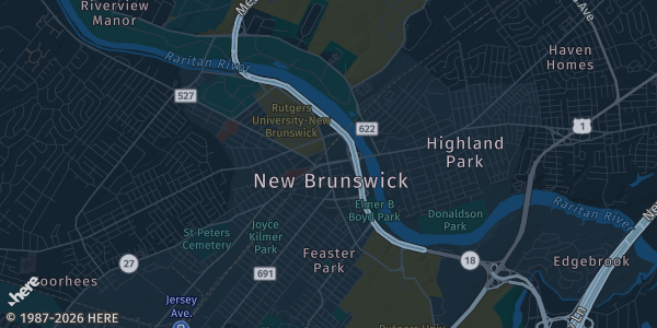 Map of New Brunswick, NJ. The exact address of Hyatt Regency New Brunswick is not known, so the map shows the area rather than a specific building.