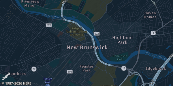 Map of New Brunswick, NJ. The exact address of Hyatt Regency New Brunswick is not known, so the map shows the area rather than a specific building.