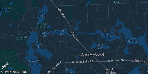 Map of Waterford, MI. The exact address of Oakland Expo Center is not known, so the map shows the area rather than a specific building.