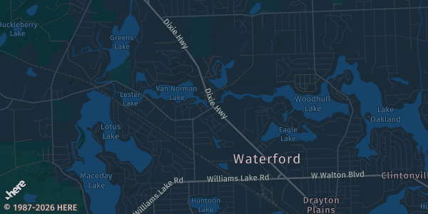 Map of Waterford, MI. The exact address of Oakland Expo Center is not known, so the map shows the area rather than a specific building.
