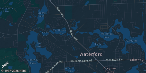 Map of Waterford, MI. The exact address of Oakland Expo Center is not known, so the map shows the area rather than a specific building.