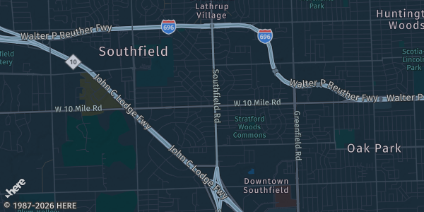 Map of Southfield, MI. The exact address of Southfield Pavilion is not known, so the map shows the area rather than a specific building.