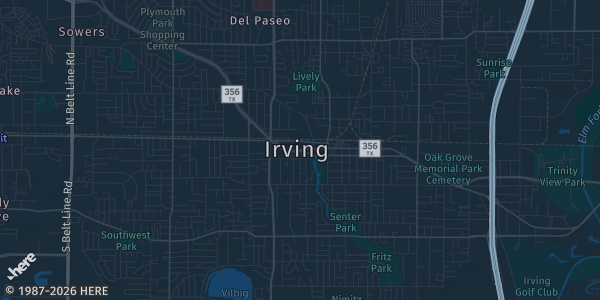 Map of Irving, TX. The exact address of Marriott Dallas Las Colinas is not known, so the map shows the area rather than a specific building.