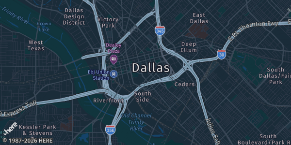 Map of Dallas, TX. The exact address of Hyatt Regency Dallas is not known, so the map shows the area rather than a specific building.