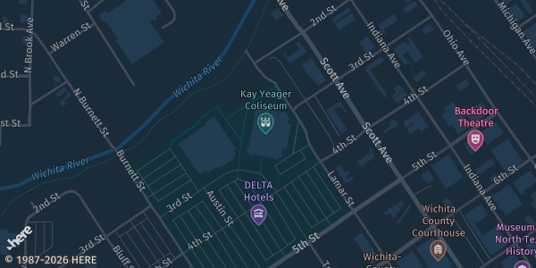 Map showing Ray Clymer Exhibit Hall B in Wichita Falls, TX.