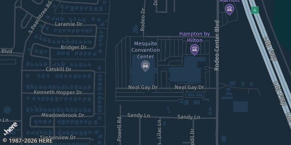 Map showing Mesquite Convention Center in Mesquite, TX.