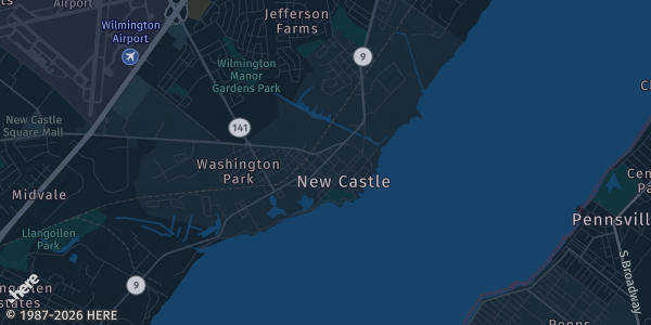 Map of New Castle, DE. The exact address of Nur Shrine Center is not known, so the map shows the area rather than a specific building.