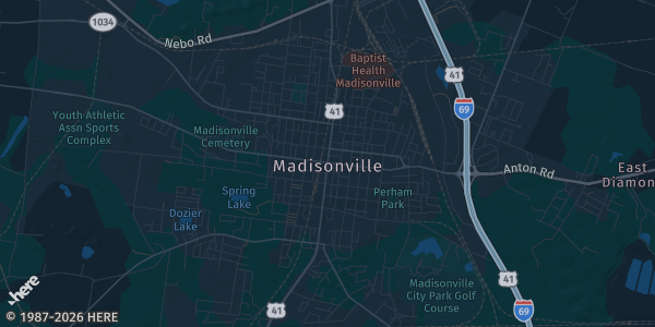 Map of Madisonville, KY. The exact address of Parkway Plaza Mall is not known, so the map shows the area rather than a specific building.