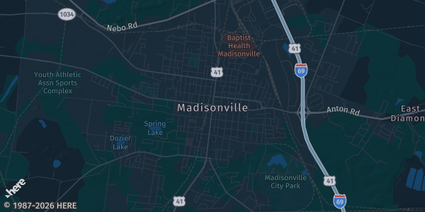 Map of Madisonville, KY. The exact address of Parkway Plaza Mall is not known, so the map shows the area rather than a specific building.