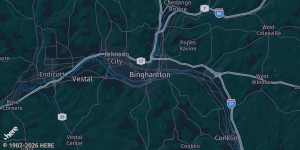 Map of Binghamton, NY. The exact address of Binghamton American Legion is not known, so the map shows the area rather than a specific building.