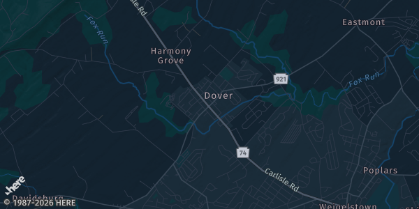 Map of Dover, PA. The exact address of Dover Township Community Center is not known, so the map shows the area rather than a specific building.