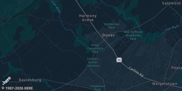 Map of Dover, PA. The exact address of Dover Area High School is not known, so the map shows the area rather than a specific building.