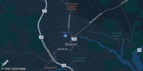 Map of Dover, NH. The exact address of Dover Elks Lodge is not known, so the map shows the area rather than a specific building.