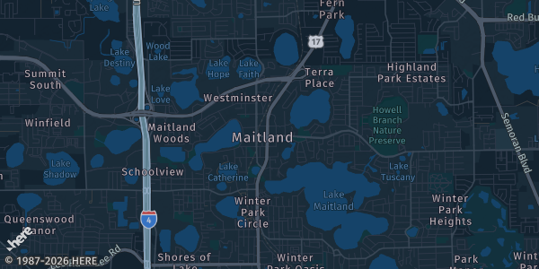 Map of Maitland, FL. The exact address of Sheraton Orlando North Ballroom is not known, so the map shows the area rather than a specific building.