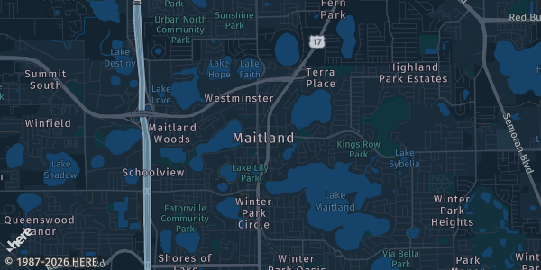 Map of Maitland, FL. The exact address of Sheraton Orlando North Ballroom is not known, so the map shows the area rather than a specific building.
