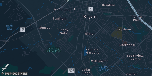 Map of Bryan, TX. The exact address of Bryan Ballroom is not known, so the map shows the area rather than a specific building.