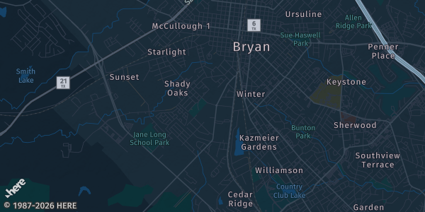 Map of Bryan, TX. The exact address of Bryan Ballroom is not known, so the map shows the area rather than a specific building.
