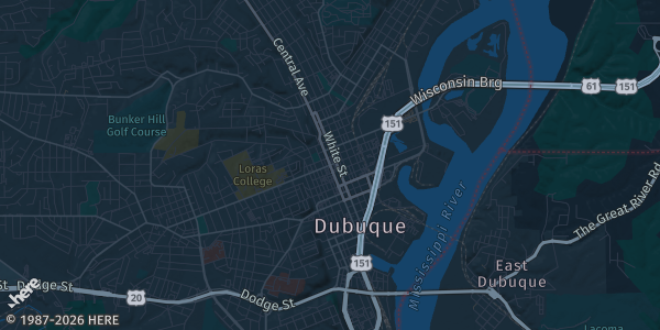 Map of Dubuque, IA. The exact address of Grand River Convention Center is not known, so the map shows the area rather than a specific building.