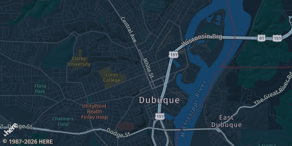 Map of Dubuque, IA. The exact address of Grand River Convention Center is not known, so the map shows the area rather than a specific building.