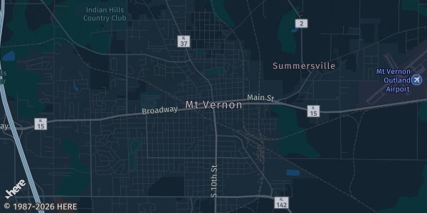 Map of Mt. Vernon, IL. The exact address of Rolland Lewis Community Building is not known, so the map shows the area rather than a specific building.