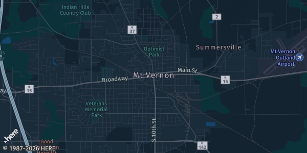 Map of Mt. Vernon, IL. The exact address of Rolland Lewis Community Building is not known, so the map shows the area rather than a specific building.