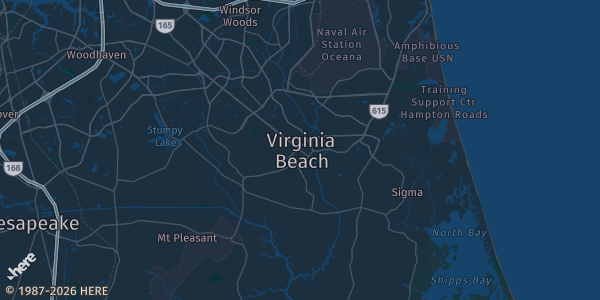 Map of Virginia Beach, VA. The exact address of Witchduck Bingo Hall is not known, so the map shows the area rather than a specific building.