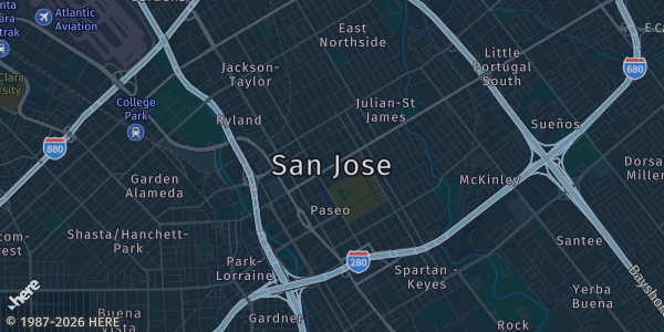 Map of San Jose, CA. The exact address of Santa Clara County Fairgrounds is not known, so the map shows the area rather than a specific building.