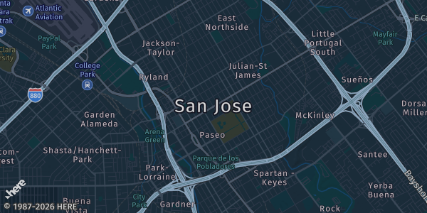 Map of San Jose, CA. The exact address of Santa Clara County Fairgrounds is not known, so the map shows the area rather than a specific building.