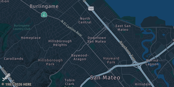 Map of San Mateo, CA. The exact address of San Mateo County Event Center is not known, so the map shows the area rather than a specific building.