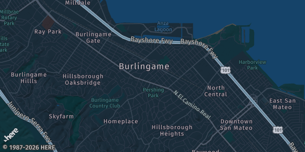 Map of Burlingame, CA. The exact address of Hyatt Regency San Francisco Airport is not known, so the map shows the area rather than a specific building.