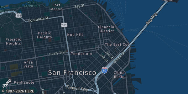 Map of San Francisco, CA. The exact address of Santa Clara Convention Center is not known, so the map shows the area rather than a specific building.