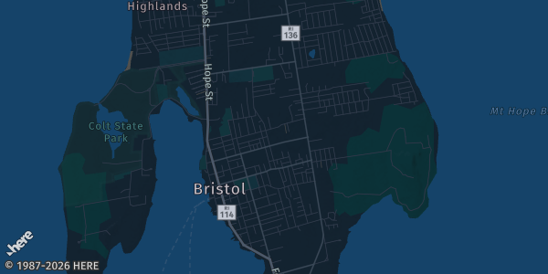 Map of Bristol, RI. The exact address of VFW Post 237 is not known, so the map shows the area rather than a specific building.