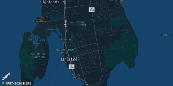 Map of Bristol, RI. The exact address of VFW Post 237 is not known, so the map shows the area rather than a specific building.