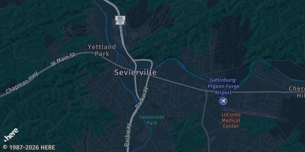 Map of Sevierville, TN. The exact address of Sevierville Convention Center is not known, so the map shows the area rather than a specific building.