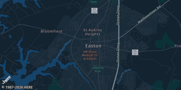 Map of Easton, MD. The exact address of Talbot County Community Center is not known, so the map shows the area rather than a specific building.