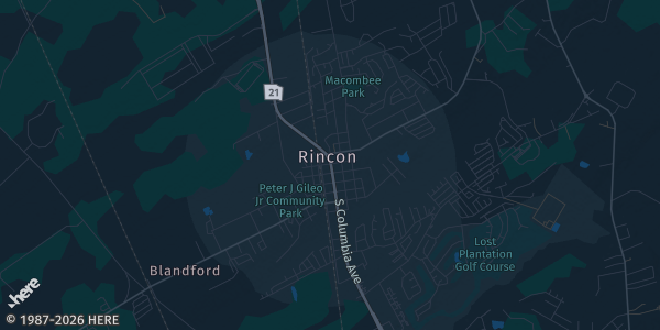 Map of Rincon, GA. The exact address of Macomber Park is not known, so the map shows the area rather than a specific building.