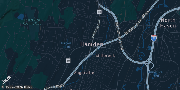 Map of Hamden, CT. The exact address of Quinnipiac University is not known, so the map shows the area rather than a specific building.