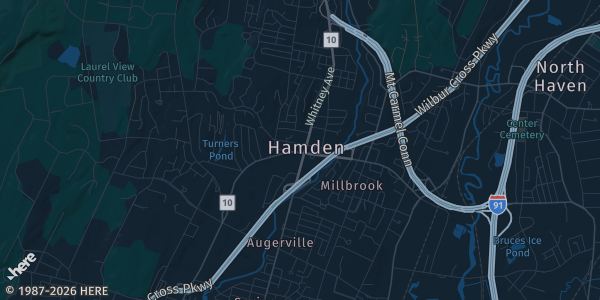 Map of Hamden, CT. The exact address of Quinnipiac University is not known, so the map shows the area rather than a specific building.