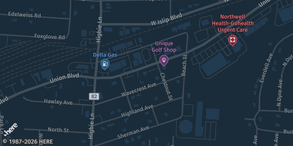 Map showing American Legion Hall in West Islip, NY.