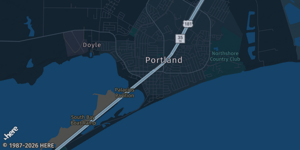 Map of Porttand, TX. The exact address of Portland Community Center is not known, so the map shows the area rather than a specific building.
