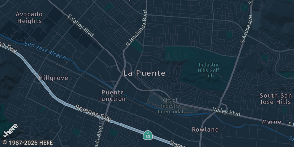 Map of La Puente, CA. The exact address of Prime Time Basketball Association is not known, so the map shows the area rather than a specific building.