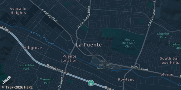 Map of La Puente, CA. The exact address of Prime Time Basketball Association is not known, so the map shows the area rather than a specific building.