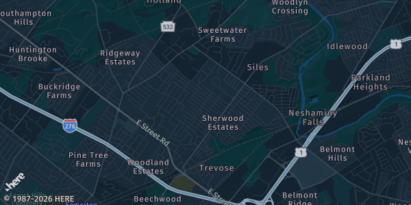 Map of Trevose, PA. The exact address of Radisson Hotel is not known, so the map shows the area rather than a specific building.