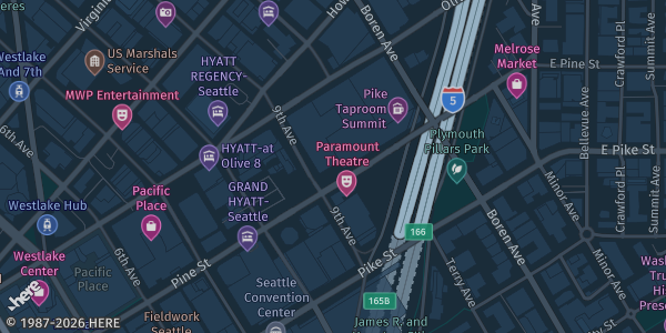 Map showing Seattle Convention Center in Seattle, WA.