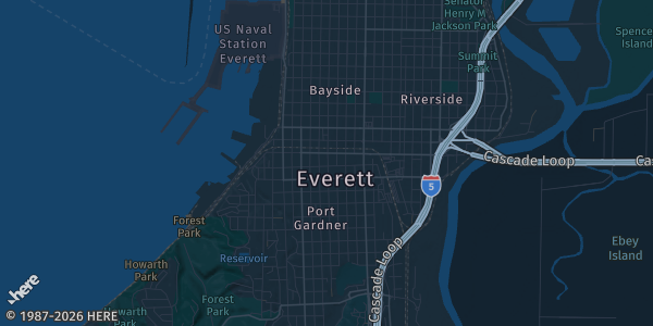 Map of Everett, WA. The exact address of Edward D. Conference Center is not known, so the map shows the area rather than a specific building.